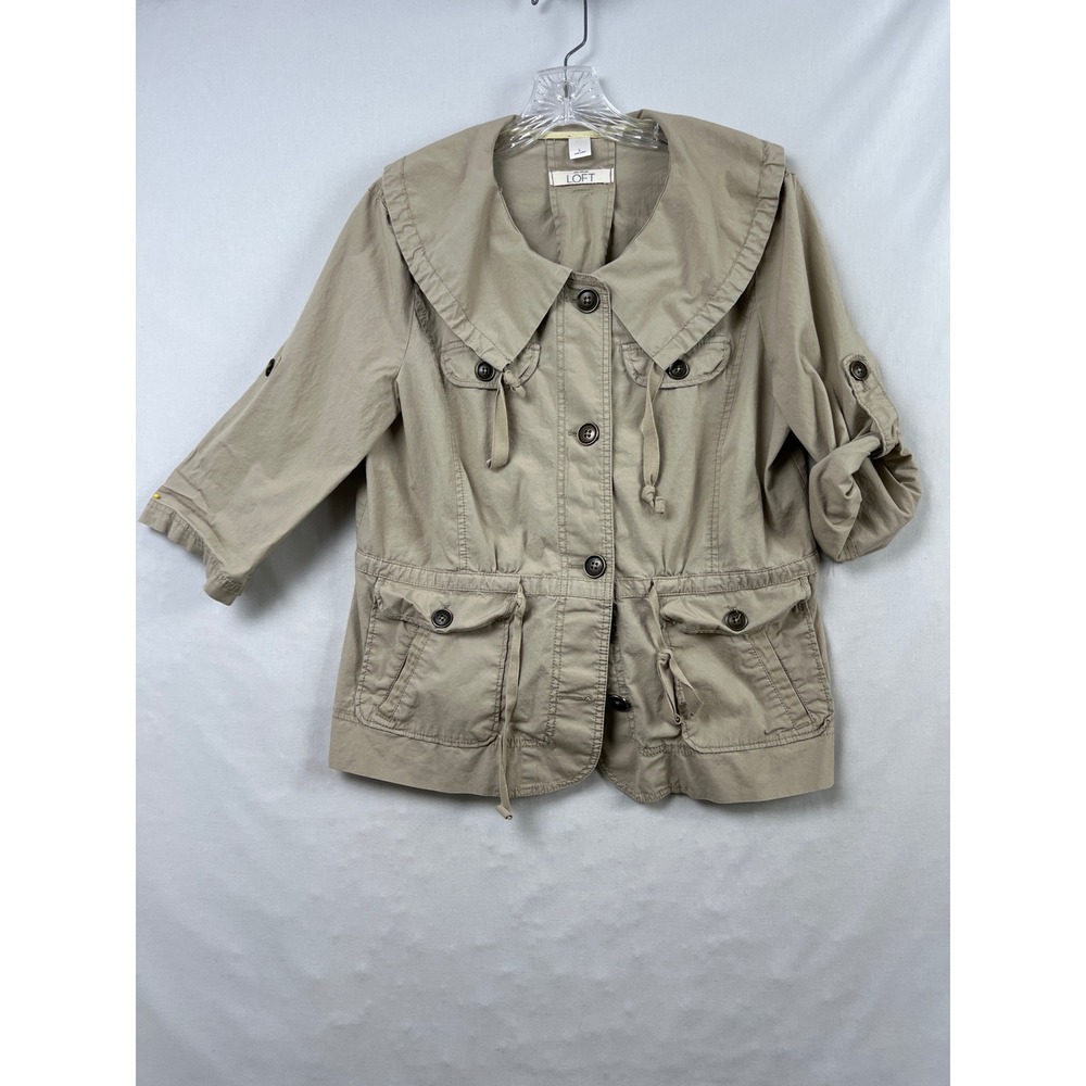 LOFT Utility Jacket Women L Tan Khaki Oversized Collar Roll Tab Sleeve Button Up